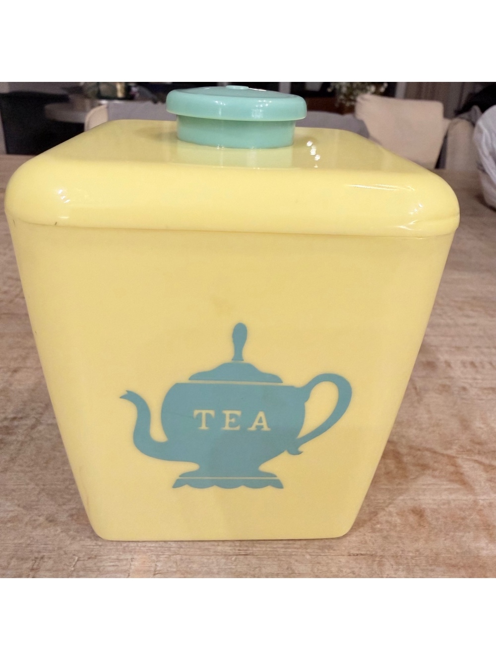 Vintage 1950s Burroughs Tea Canister Yellow Aqua Turquoise Plastic MCM Made USA